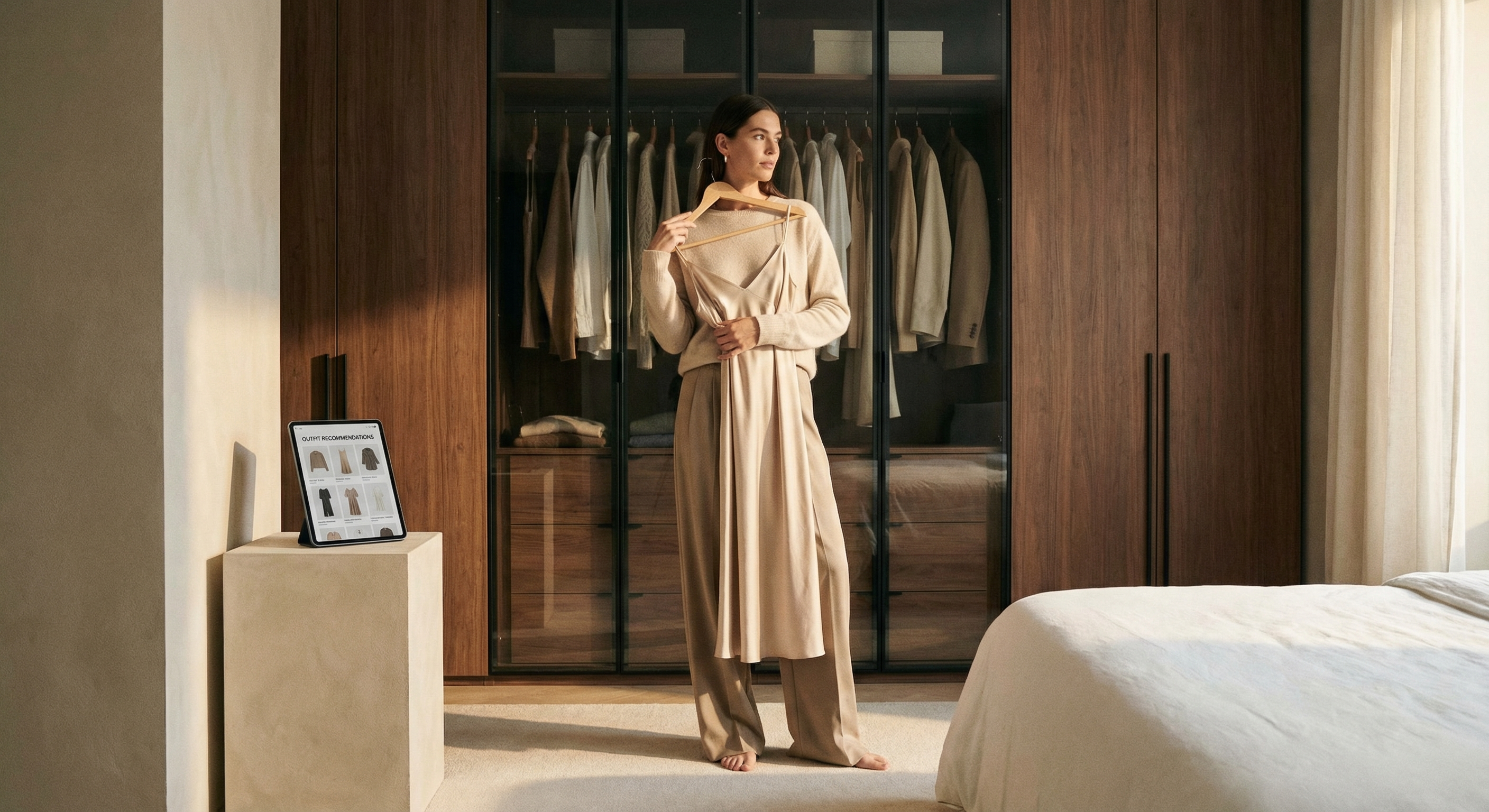 Woman standing before a curated wardrobe, styling an outfit with the Stylr app